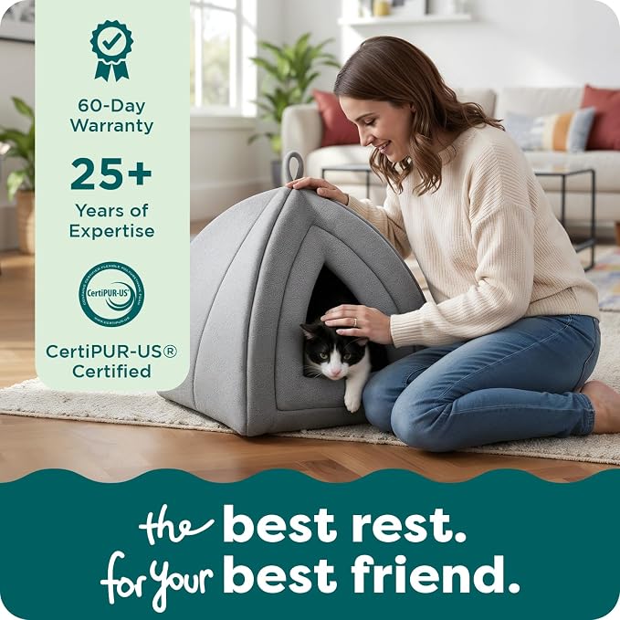 FurHaven Cat Bed Cave for Indoor Cats & Small Dogs, Washable & Foldable Pet Tent with Removable Cushion, Small, Polar Fleece, Heather Gray