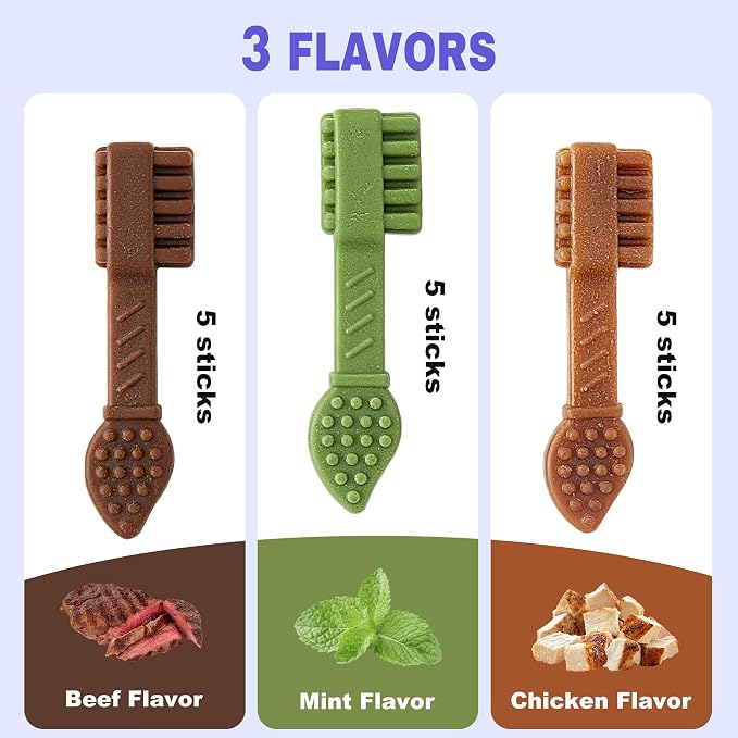 PETPHABET Dental Chews for Dogs, 3 Flavor Dog Dental Treats Fresh Mint Chicken & Beef Flavor for Medium Large Breed, Teeth Cleaning Chew Sticks for Bad Breath and Tartar Control, 15 Count Variety Pack