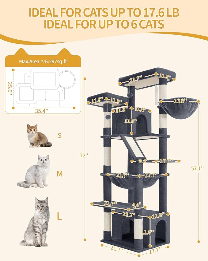 Hzuaneri Large Cat Tree, 72 Inch Tall Indoor Cat Tower for 6 Large Cats, Corner Climbing Activity Pet Condo with 2 Large Platforms/2 Cats House/6 Scratching Post/1 Hanging Basket, Dark Gray MS18318SG