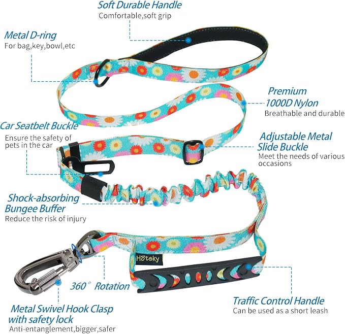Hotsky Tactical Dog Leash Heavy Duty for Medium Large Dogs that Pull,4-6Ft Strong Bungee Shock Absorbing No Pull Dog Leash with Padded Double Handle and Car Seatbelt,Daisy