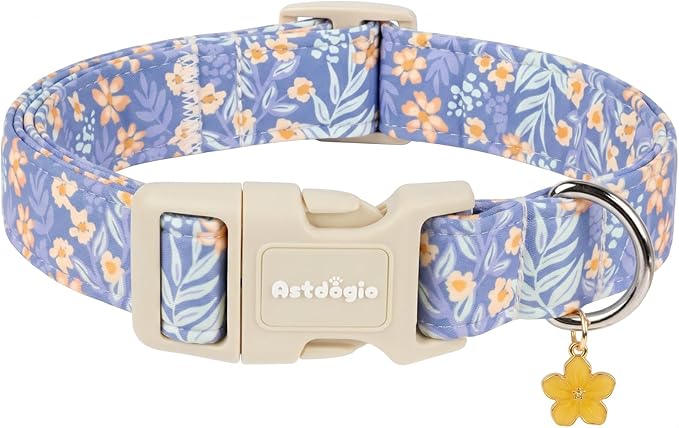 Floral Dog Collar,Blue Flower Printed Adjustable Cotton Puppy Dog Collar for Small Dogs,Cute Girl Boy Dog Collar Ideal Daily Use,S