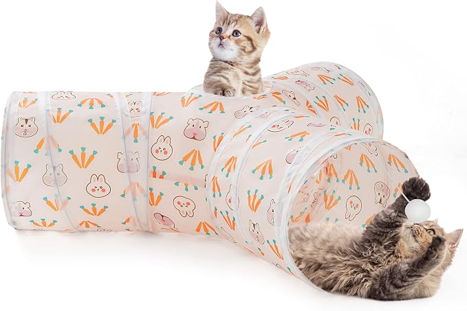 Tempcore Cat Tunnel for Indoor Cats, 3 Way Collapsible Pet Play Tunnel with Teaser Wand, Peek Holes & Hanging Ball, Interactive Tube for Kittens & Rabbits, Pink Rabbit