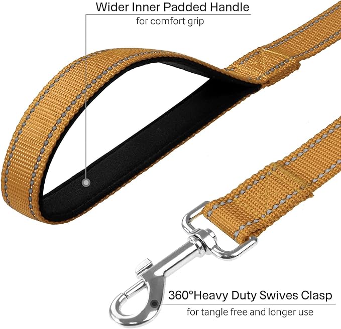 FunTags 4FT Khaki Reflective Dog Leash for Medium & Small Dogs Training, Soft Padded Handle Comfortable Grip, Heavy Duty Nylon, Reflective for Night Walking, 3/4in Wide