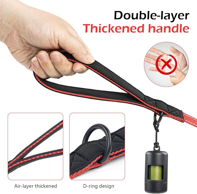 Reflective Double Handle Dog Leash for Large Dogs, Heavy Duty Adjustable Leash with Soft Padded Handles, Traffic Control Training Lead for Walking, Running (Bright Red, 6ft)
