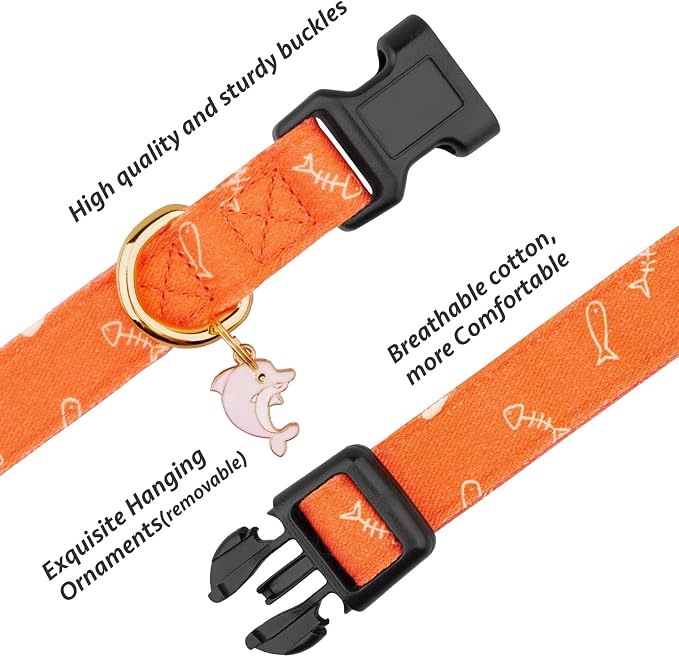 Cotton Handmade Dog Collar Cute and Distinctive Patterns Orange Fish with Pendant for Girl Boy Dogs Collars M