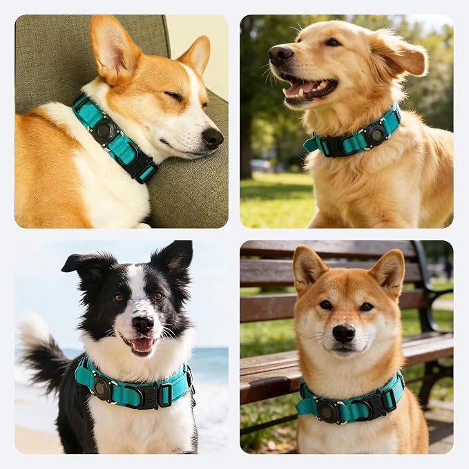 Upgraded AirTag Dog Collar,Waterproof Tactical Dog Collar with AirTag Holder, Control Handle and Metal Buckle,Heavy Duty Dog Collars for Large Dogs (Teal，L