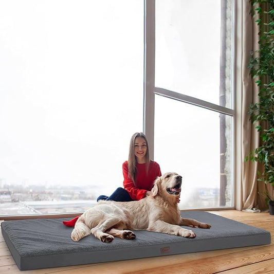 Waterproof Human Dog Bed Orthopedic Dog Beds for Crate with Removable Washable Cover Egg-Crate Foam Pet Pad Mat with Anti-Slip Bottom, 75x38 Inch, Grey
