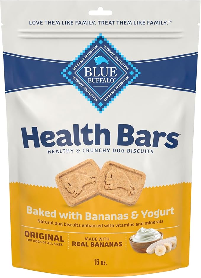 Blue Buffalo Health Bars Bananas & Yogurt Crunchy Dog Biscuits, Oven-Baked with Real Bananas & Natural Ingredients, Healthy Dog Treats with No Artificial Flavors or Preservatives, 16 oz.