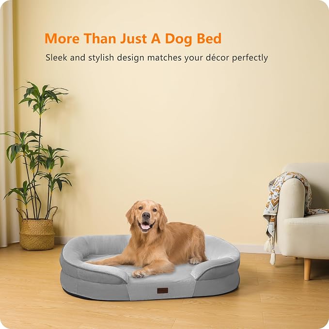 Dwanton Orthopedic Dog Bed for Large Dogs with Gel Memory Foam, Waterproof Dog Sofa, Washable Pet Bed with Four Sided Bolster Cushion, Removable Cover & Non-Slip Bottom, 42", Light Grey