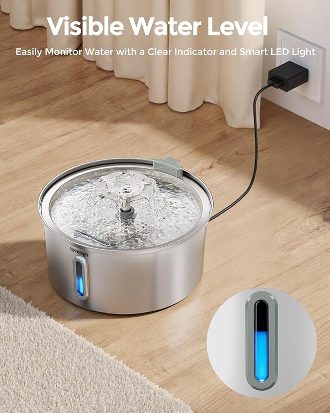 Invengo Cat Water Fountain Stainless Steel, 3.2L/108oz Pet Drinking Fountain for Cats Dogs, Automatic Cat Fountain with 2 Flow Modes, Splash-Proof Bowl, Includes 8 Replacement Filters