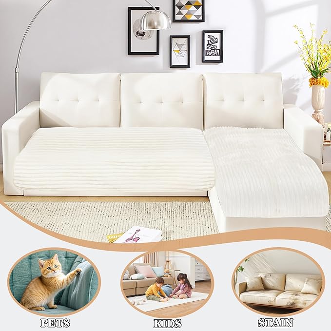 NAISI Couch Covers for Dogs Waterproof Flannel Striped Sofa Cover Pet Friendly Washable Dog Mat for Couch Anti Slip Sectional Sofa Slipcover Protector(2pcs/35"x63"+35"x70",Cream)
