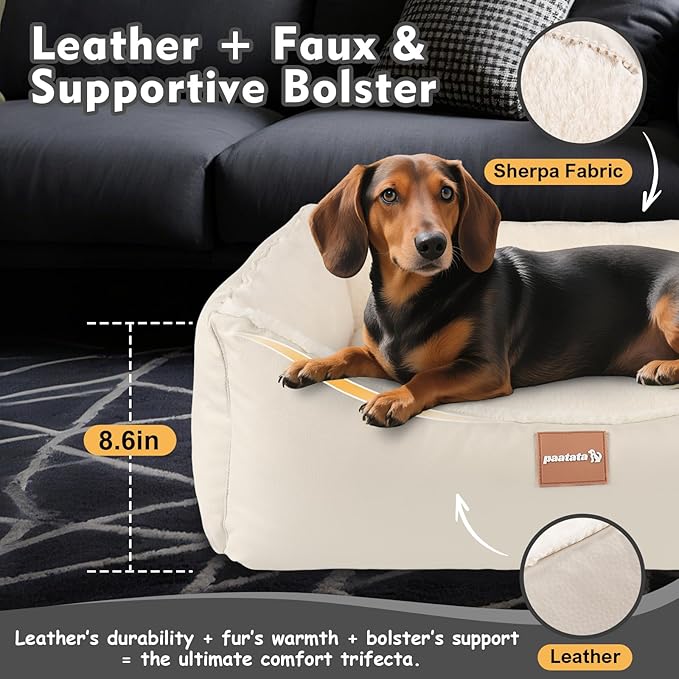 Calming Dog Bed for Medium Dogs,All-Season Leather,Non-Slip One-Key Detachable Washable Dog Bed for Small Dogs Cat Pet Beds with Sides and Cover (White, Medium)