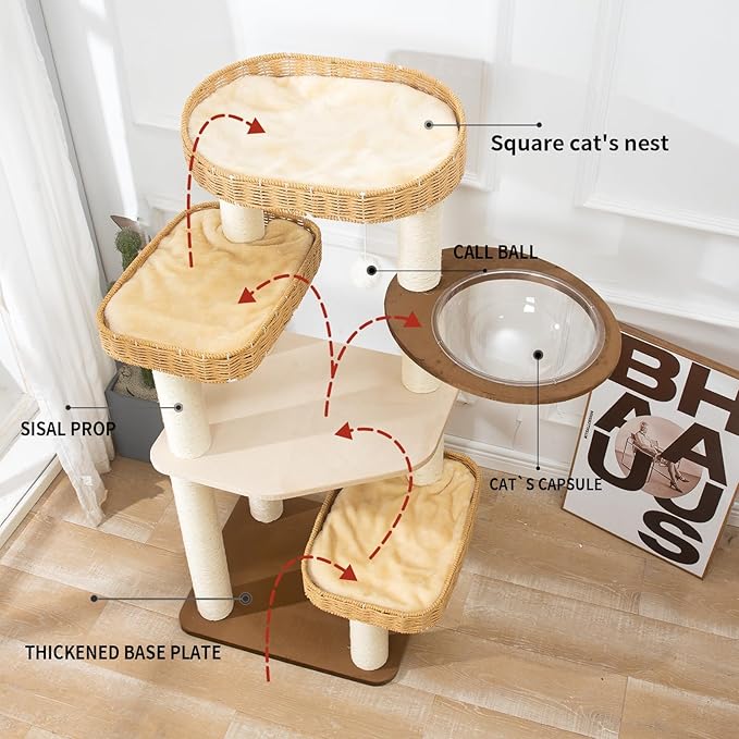Modern Cat Tree Tower, Hand-Woven Condo for Large Cats with Sisal Scratching Post, Cute Cats Furniture Activity Center