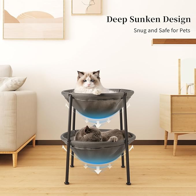 JUNSPOW Double Cat Bed Grey, Breathable Kitty Bed for 2 Cats with 4 Adjustable Feet & Anti-Slip Mats, Easy Assembly Cat Hammock for Multi-cat Household, Indoors & Outdoors, 22.8 in x18.7 in x 18.7 in