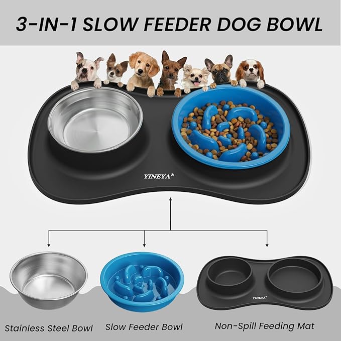 YINEYA 3 in 1 Slow Feeder Dog Bowls & Stainless Steel Food and Water Bowl with Non-Spill Dog Bowl Mat, Anti-Choking Puppy Bowls, Floor Safe & Easy Clean for Large Medium Small Dogs Cats