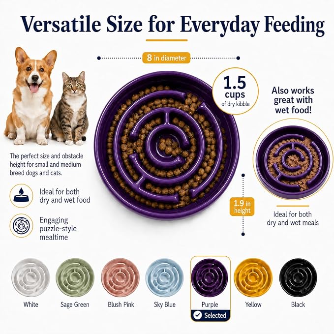 Ceramic Slow Feeder Dog Bowls with Anti-Slip, Slow Feeder & Non-Slip Design, Boredom and Anxiety Reducer, Suitable for All Breed Dogs and Cat (Ceramic-Purple)