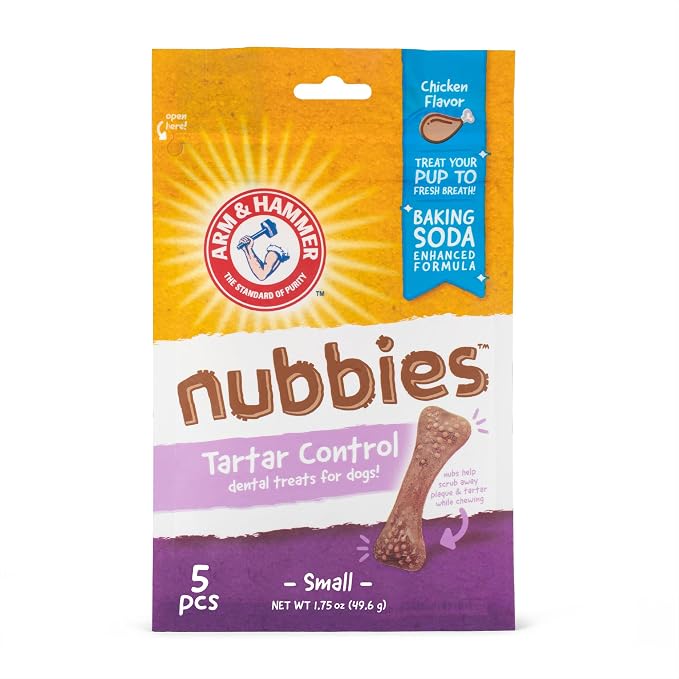 Arm & Hammer for Pets Nubbies Dental Treats Baking Soda Calcium Nubbed Texture Scrubs Plaque Tartar Chicken Flavor Freshens Breath Daily Oral Care 5 Count 1.75 OZ Trial Size for Dogs Daily Routine