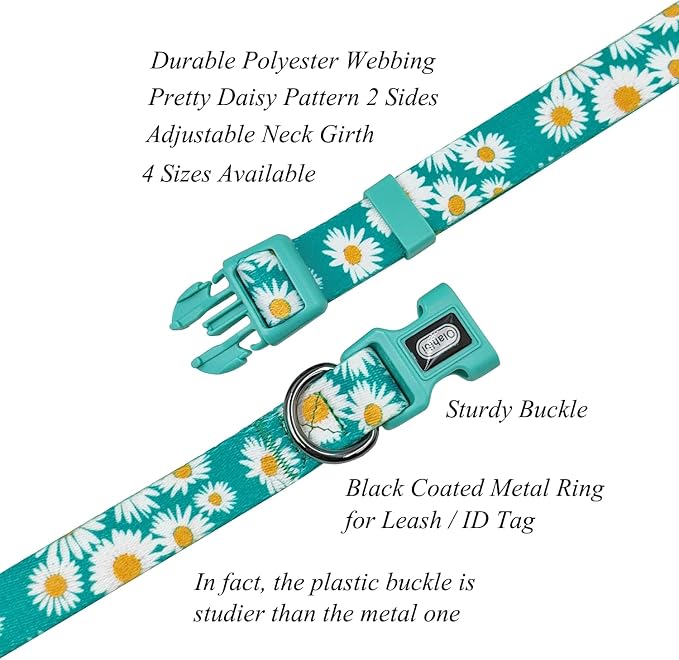 Dog Collar and Leash Set, Cute Daisy Pattern, Polyester Material, 5ft Leash, for Small Dogs.(Small,Green Daisy)