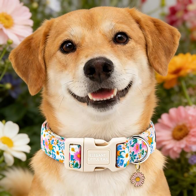 Elegant Little Tail Summer Dog Collar, Pink Daisy Floral Pattern Soft Cotton Pet Collars with Sturdy Quick Release Girl Adjustable Pet Collar for Small Medium Large Dogs