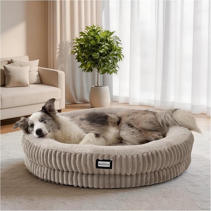 BALANCE Donut Dog Bed, 36 Inches Round Dog Bed Large Size Dogs Washable, Orthopedic Calming Dogs Beds for Pets, Fluffy Plush Faux Fur Pet Bed with Anti-Slip Bottom