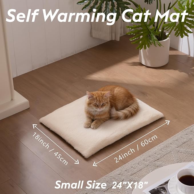 FunFurry Self Warming Cat Bed, Heating Cat Pad, Extra Soft Flannel Surface, Removable ＆ Washable, Thick Thermal Mat with Non-Slip Bottom (Ivory, 24" X 18")