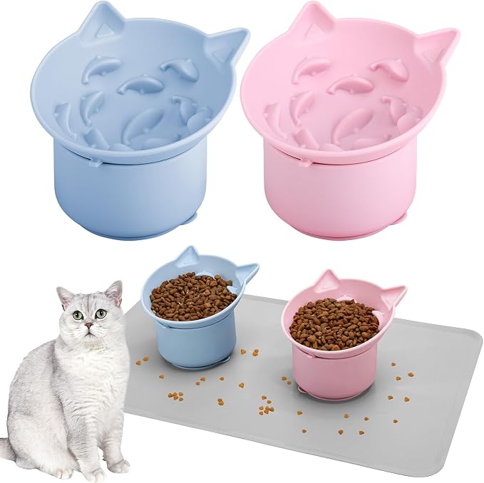 2 Pack Slow Feeder Cat Bowls Silicone Tilted Raised Pet Bowl with Non Slip Base for Digestion Anti Vomit, Pink, Blue