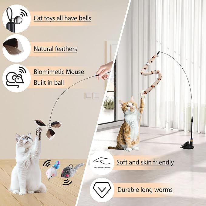 Soarer 4-in-1 Interactive Cat Wand Toy,12Pcs Durable Fishing Pole Cat Feathers Toys Replacements,Enhanced Suction Cup Cat Toy Floor,2 Types Door Hanging Cat String Toys for Indoor Kitten