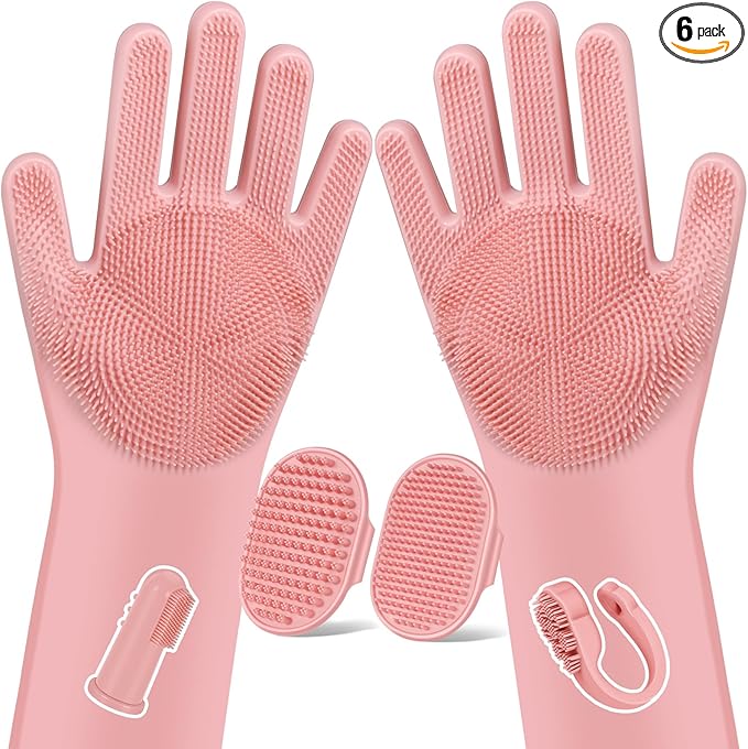 Augwind 6PCS Pet Grooming Kit for Dogs, Cats and Horses | Dog Washing Gloves | Cleanroom Gloves | Dog Bath Brush | Dog Bath Gloves | Dog Shampoo Brush | Dog Bath Supplies (Light Pink)