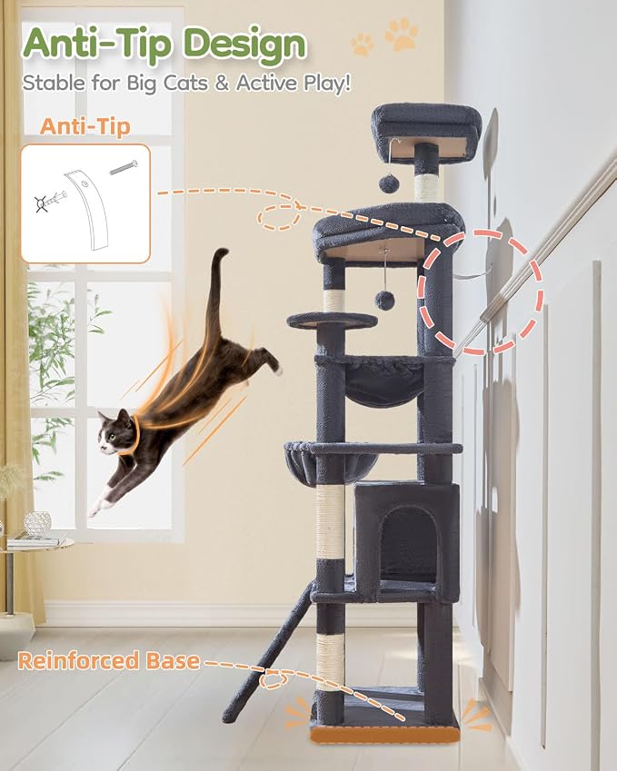 Taoqimiao 72 Inches Cat Tree for Large Cats, Multi-Level Tall Cat Tower, Widened Cat Condo with Large Scratch Board, 5 Scratching Posts, Metal Hammcock, Cozy Basket, Smoky Gray, MS045G