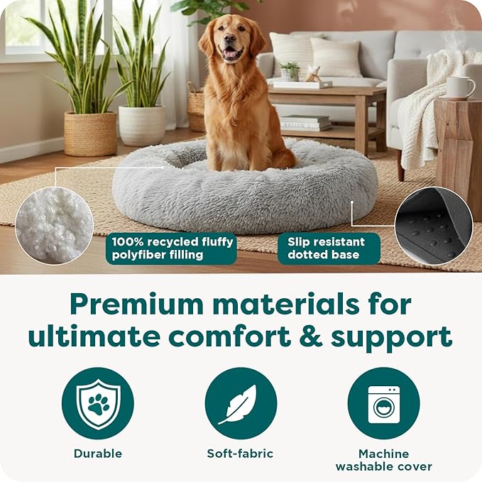 FurHaven 45" Calming Donut Dog Bed for Large Dogs, Round Plush Donut with Soft Filling for Snuggling Comfort, Removable Washable Cover, Jumbo XL, Shaggy Faux Fur, Mist Gray