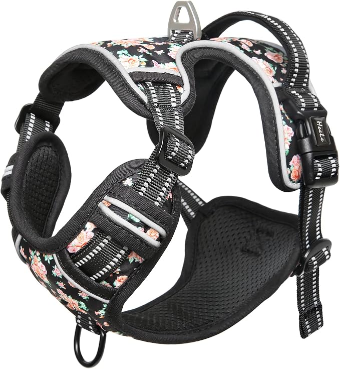 HEELE Dog Harness, No Pull Adjustable Padded Reflective Harness for Small Medium Large Dogs with Handle for Walking Training, Flower-Black, L