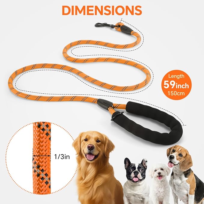 Heavy Duty Dog Leash - 4.9 FT for Large and Small Dogs - Strong Nylon, Comfortable Handle, Reflective Stitching - Ideal for Walking, Training, and Outdoor Activities, Orange