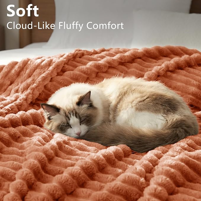HIMEET Fleece Burnt Orange Throw Blanket for Bed - 300GSM Ribbed Soft Cozy Blanket for Couch, Graduation Birthday Gifts for Women Girls Her, College Dorm Essentials Aesthetic Room Throws, 50x60 Inches