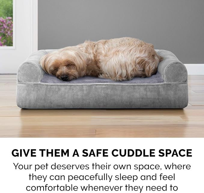 Furhaven Memory Foam Dog Bed for Large Dogs w/ Removable Bolsters & Washable Cover, For Dogs Up to 125 lbs - Faux Fur & Velvet Sofa - Smoke Gray, Jumbo Plus/XXL