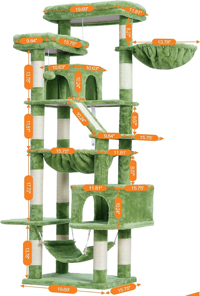 Heybly Cat Tree, 71-Inch Tall Tower for Indoor Cats with 2 Perches, 2 Big Condos, 2 Hammocks, Basket, Scratching Pad, Large Cat Furniture and Condo, Green HCT034GR