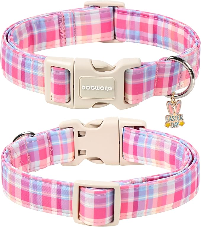 DOGWONG Easter Dog Collar- Cute Easter Plaid Dog Collars Adjustable Girl Female Puppy Dog Collar for Small Dogs Cats, XS
