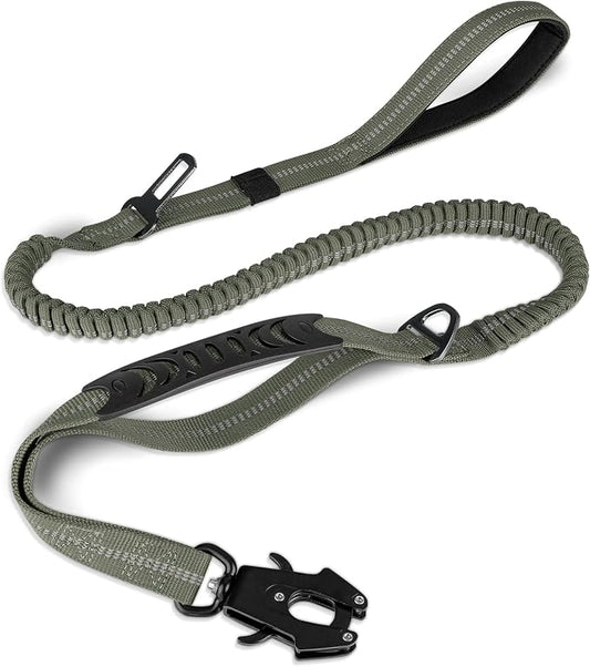 Joytale Tactical Dog Leash Heavy Duty, 4-6FT Shock Absorbing Bungee Lead with 2 Padded Handle, Metal Carabiner Clip, Car Seatbelt, Strong No Pull Leash for Medium Large X-Large Dogs, Army Green