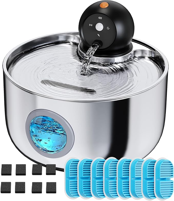 Cordless Cat Water Fountain Wireless: Battery Powered Pet Water Fountains for Cats Indoor with 8 Filters & 8 Sponges - 2.6L Rechargeable Kitty Water Fountain Stainless Steel with Water Level Window