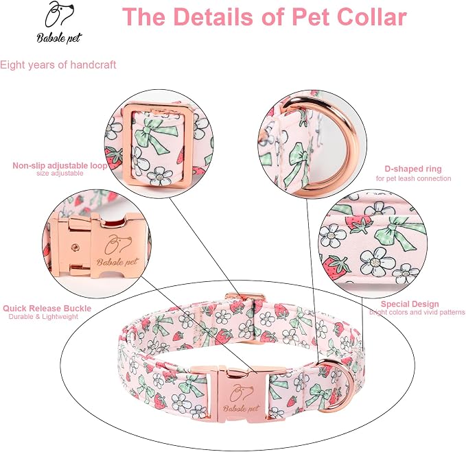 Pink Girl Dog Collar, Sweet Strawberry Spring Summer Dog Collars, Vintage Bow Puppy Collar, Adjustable Heavy Duty Pet Collar for Small Medium Large Dogs with Metal Buckle M
