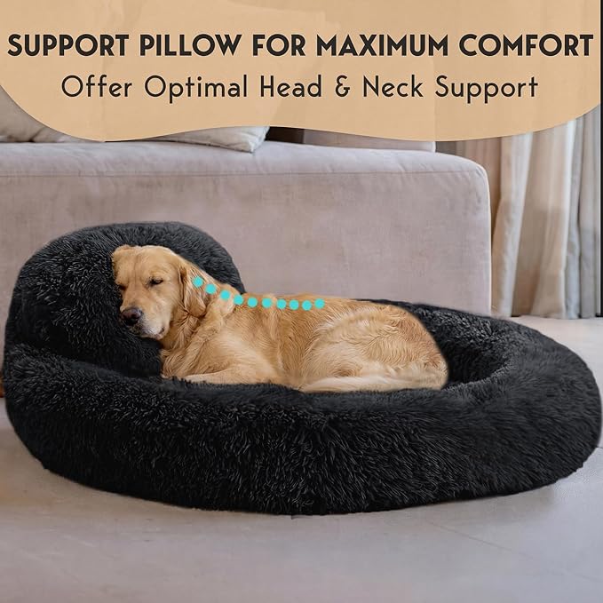 PetJett XL Dog Beds for Large Sized Dog - 45'' Extra Large Dog Bed, Anti-Slip & Washable Super Soft Round Donut Bed, Fluffy Faux Fur Anti-Anxiety Premium Comfort Pet Bed, Fits Dogs up to 120 lbs