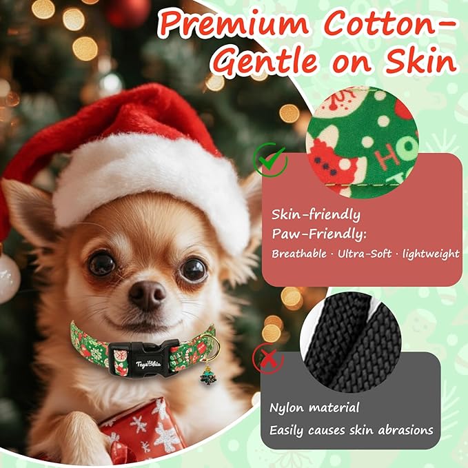 Christmas Dog Collar for Small Dogs, Adjustable Green Small Dog Collars with Gingerbread Man Pattern, Cute Dog Christmas Collar for Dogs, Winter Holiday Dog Collar for Girl Boy Dog-S