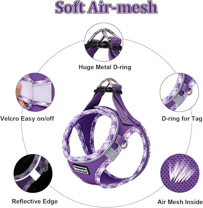 Mercano Soft Mesh Dog Harness and Leash Set, Step-in Reflective Breathable Lightweight Vest Harnesses with Safety Buckle for Small Dogs, Cats (XL, Purple)