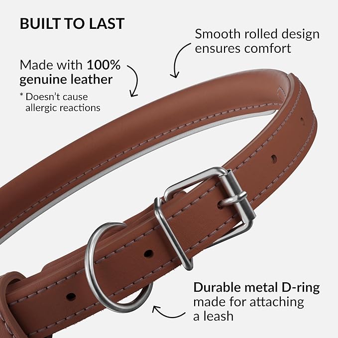 CollarDirect Reflective Rolled Leather Dog Collar, Soft Padded Round Puppy Collar, Handmade Genuine Leather Collar Dog Small Large Cat Collars 13 Colors (15-18 Inch, Brown Reflective)