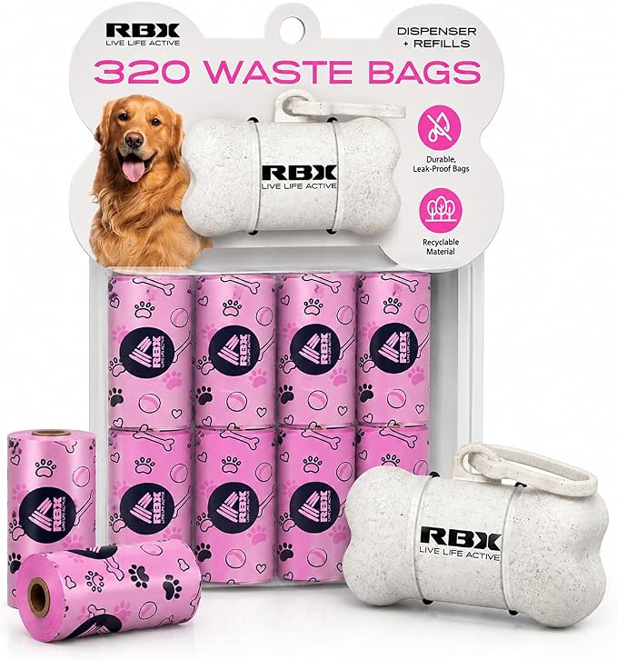 RBX Dog Poop Bags with Leash Holder, 320 Bags, 16 Refill Rolls | Clip-On Dispenser, Durable Leak-Proof, Recyclable Material