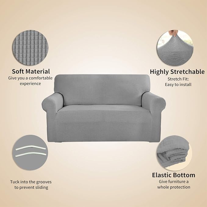 Easy-Going Stretch 4 Seater Sofa Slipcover 1-Piece Sofa Cover Furniture Protector Couch Soft with Elastic Bottom for Kids, Polyester Spandex Jacquard Fabric Small Checks Light Gray