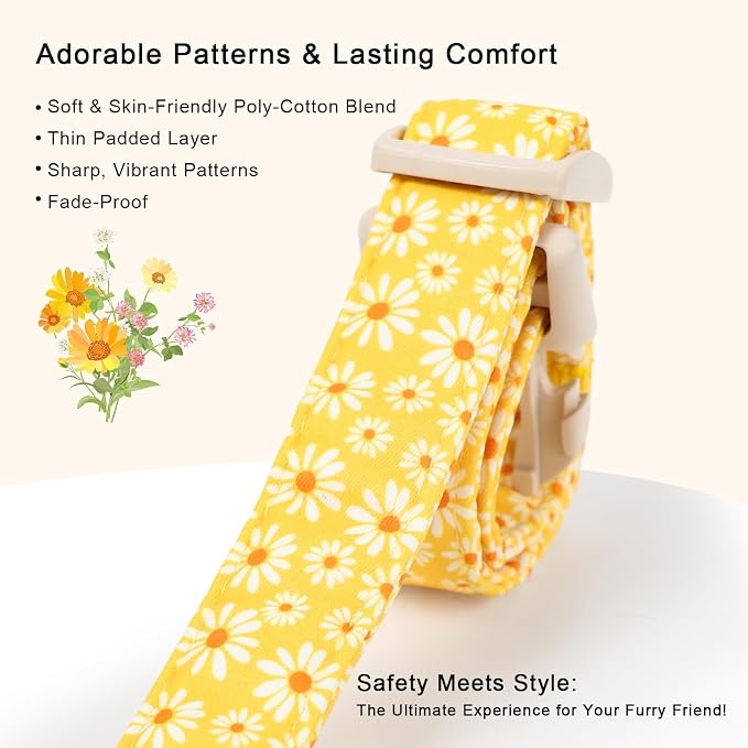 Yellow Daisy Dog Collar Cute Summer Dog Collars for Giant Large Dogs - Lightweight Adjustable Girly Floral Female Dogs Everyday Collar with Safety Buckle XL
