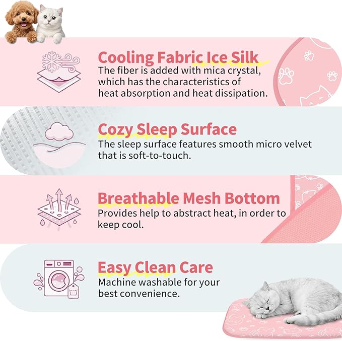 NWK Pet Cooling Mat -Q-Max>0.345 Ice Silk Cooling Mat for Dogs & Cats Portable & Washable Pet Cooling Blanket, Car Seats, Beds for Summer (Pink Cat, 27'' X 20'' X 0.3'')