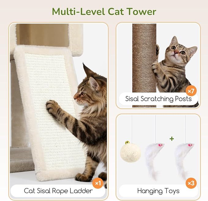 Globlazer 83in Heavy Duty Cat Tree, Giant Cat Tower with 2 Condos & 3 Hanging Baskets, Multi-Level Tall Cat Condo for Large Adult Cats, 7 Scratching Posts, F83C, Beige