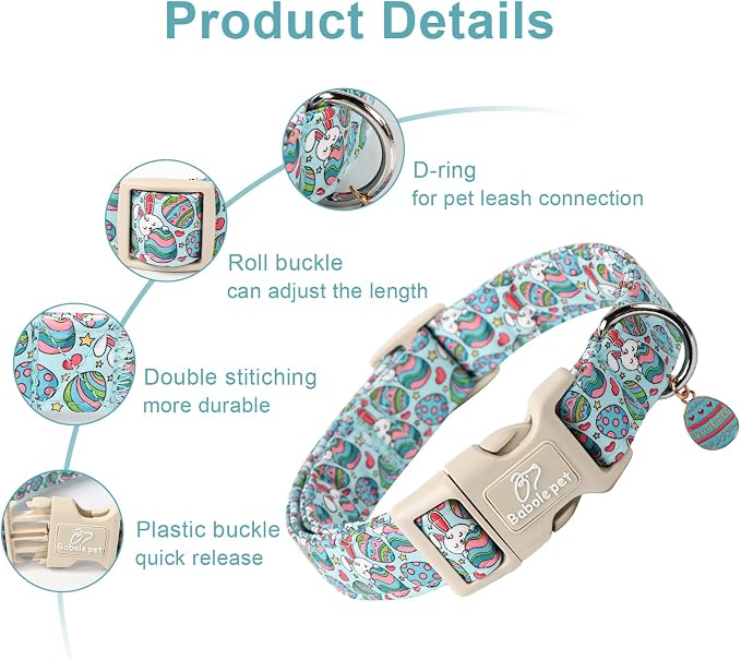 Easter Dog Collar for Large Dogs - Blue Sleepy Bunny Egg Easter Collars for Boy Girl Dogs, Adjustable Spring Holiday Pet Collars with Quick Release Buckle L