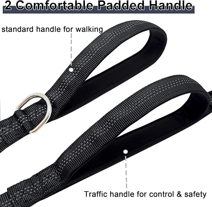 5FT Bungee Dog Leash with 2 Handles, Reflective Strong Nylon Traffic Leash, Shock Absorbing Lead for Large Medium Dogs Walking Training Controlling, Black